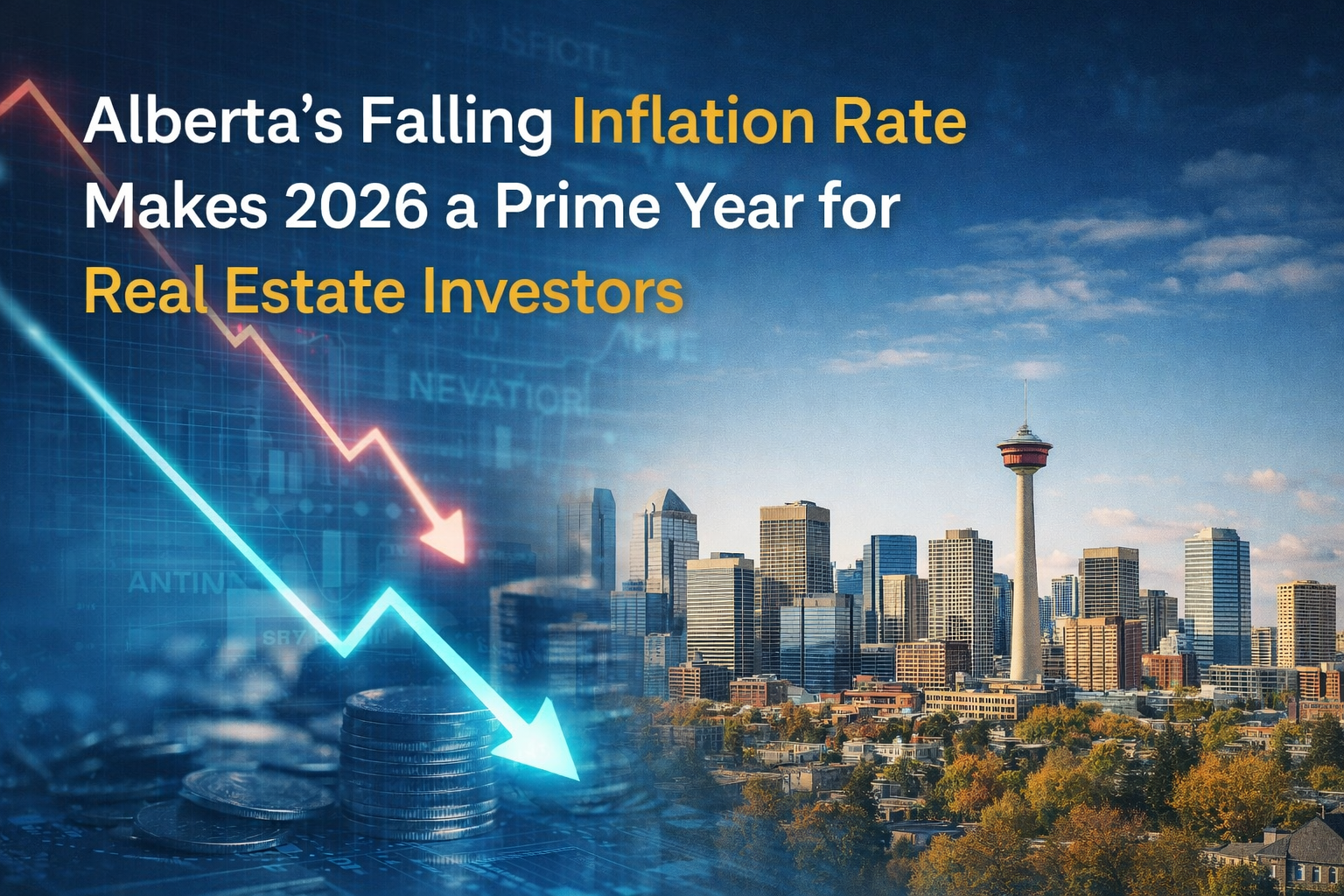 Alberta real estate graphic: Decreasing inflation rate with a skyline and falling arrow.