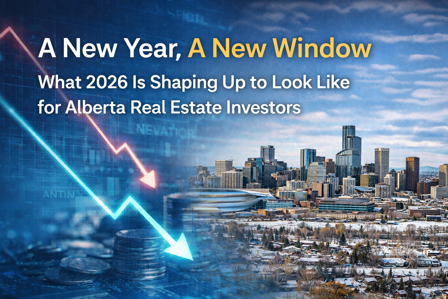Graphic predicting Alberta real estate trends in 2026. Includes a cityscape, downward and upward trend lines, and text.