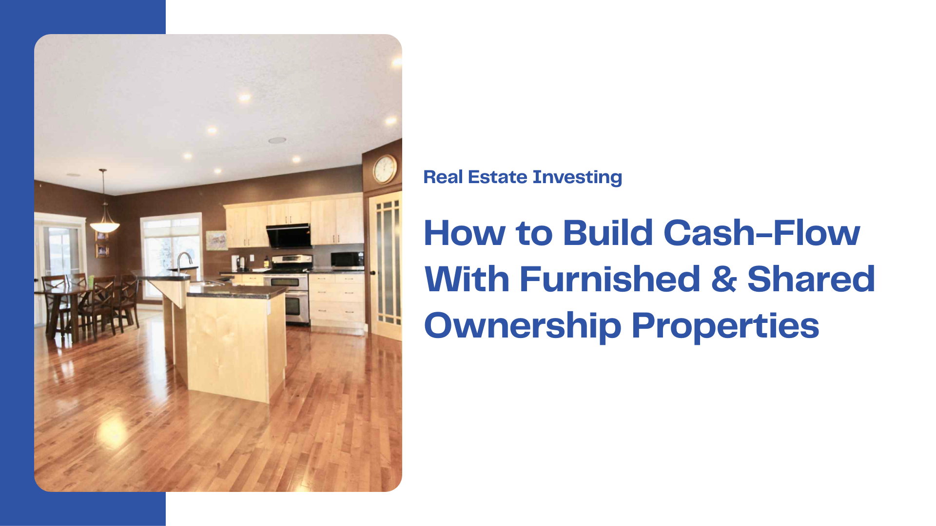 A kitchen with light-colored cabinets, a central island, and a dining table. Text says 