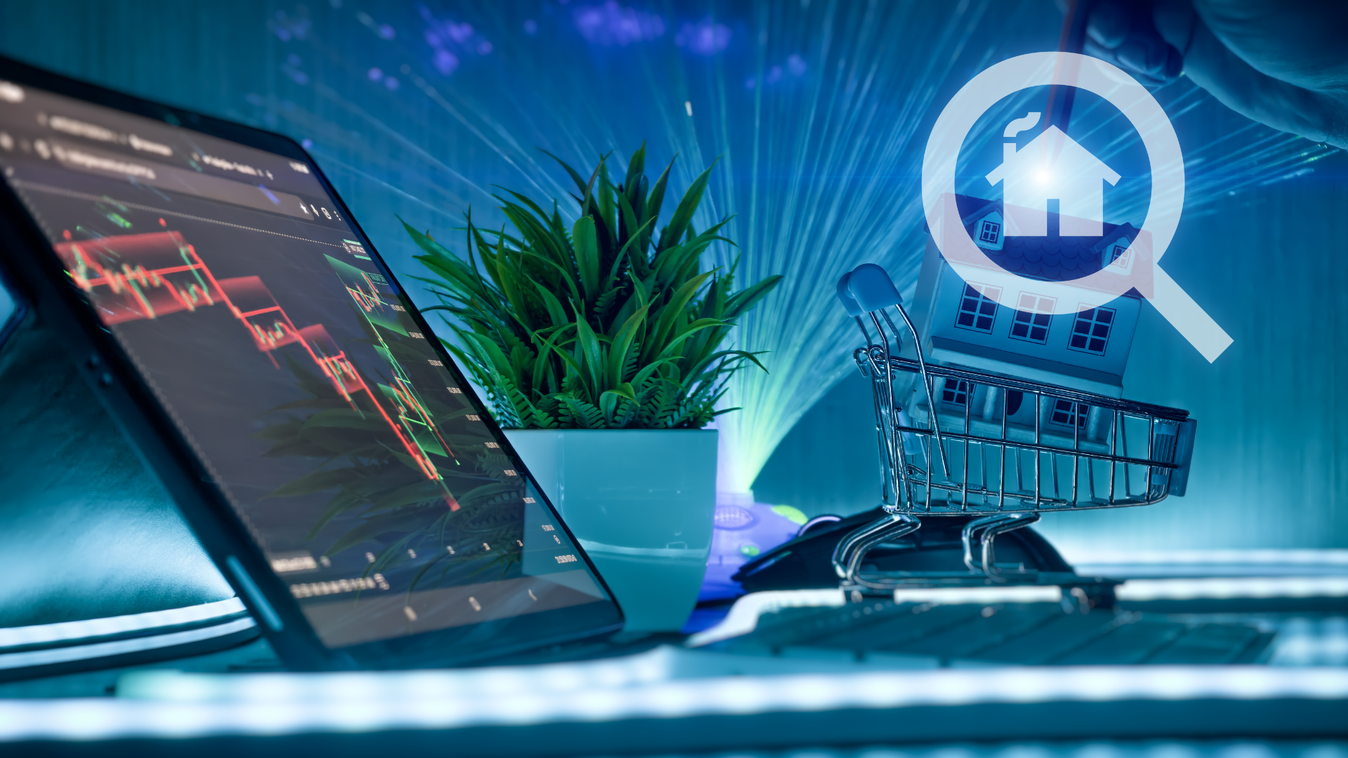 Tablet showing graphs, plant, mini shopping cart with house, magnifying glass icon in blue light.