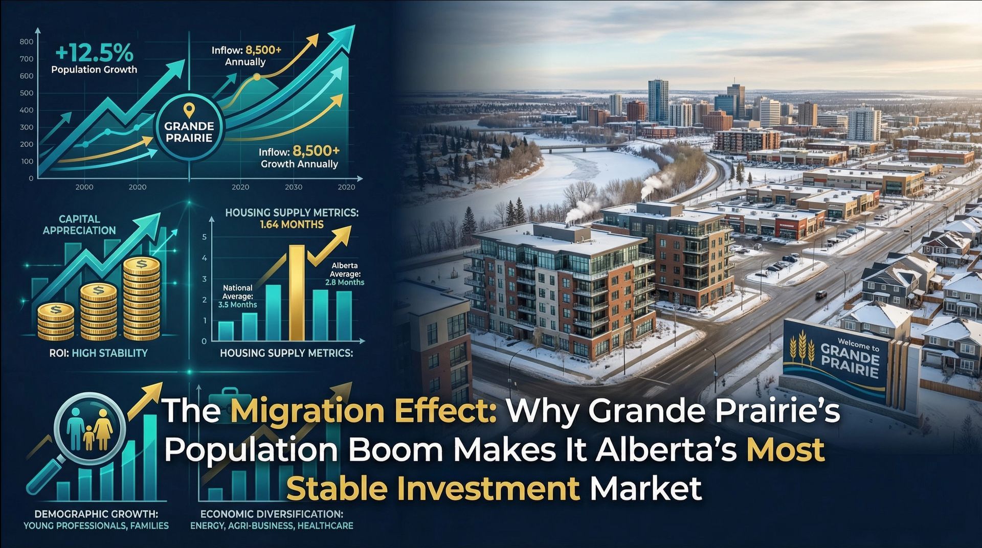 Infographic: Grande Prairie's population boom makes it Alberta's most stable investment market. Graphs and cityscape in blue and yellow.