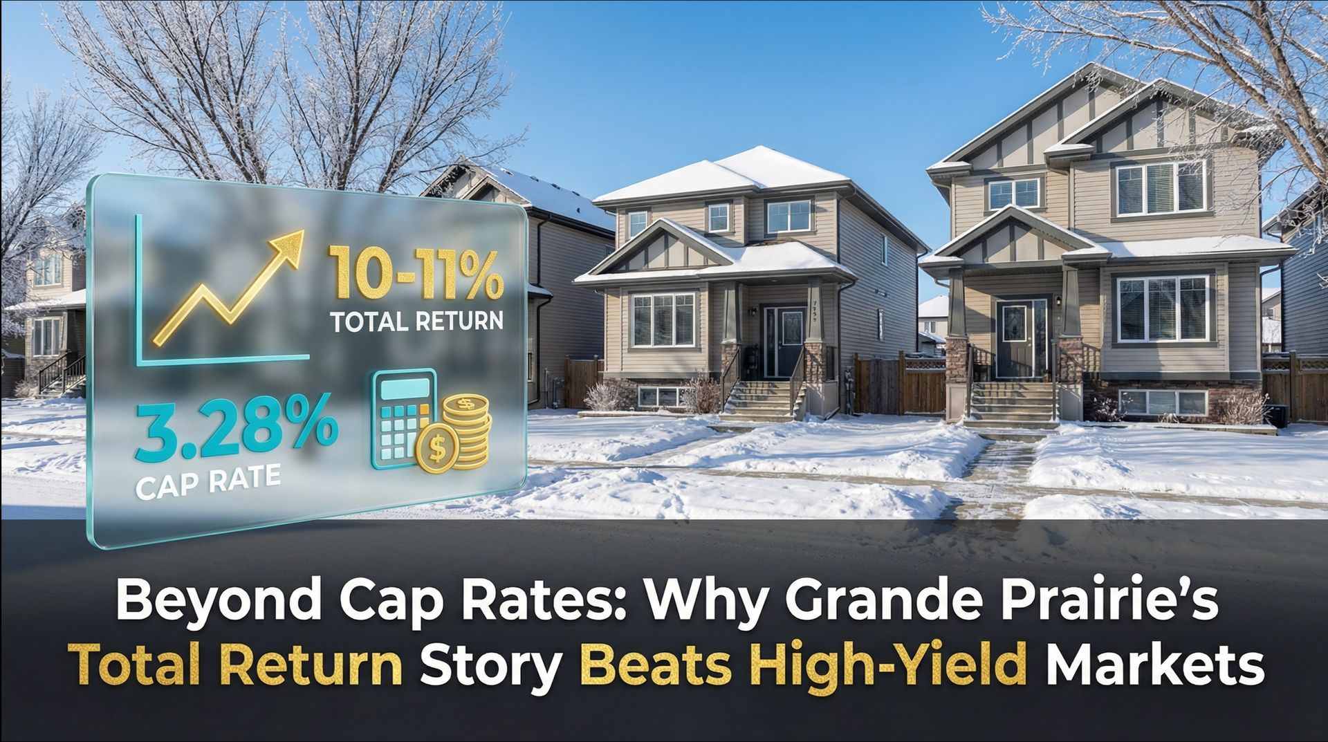 Houses in winter with graphic overlay: 3.28% cap rate, 10-11% total return. Text: Grande Prairie real estate.