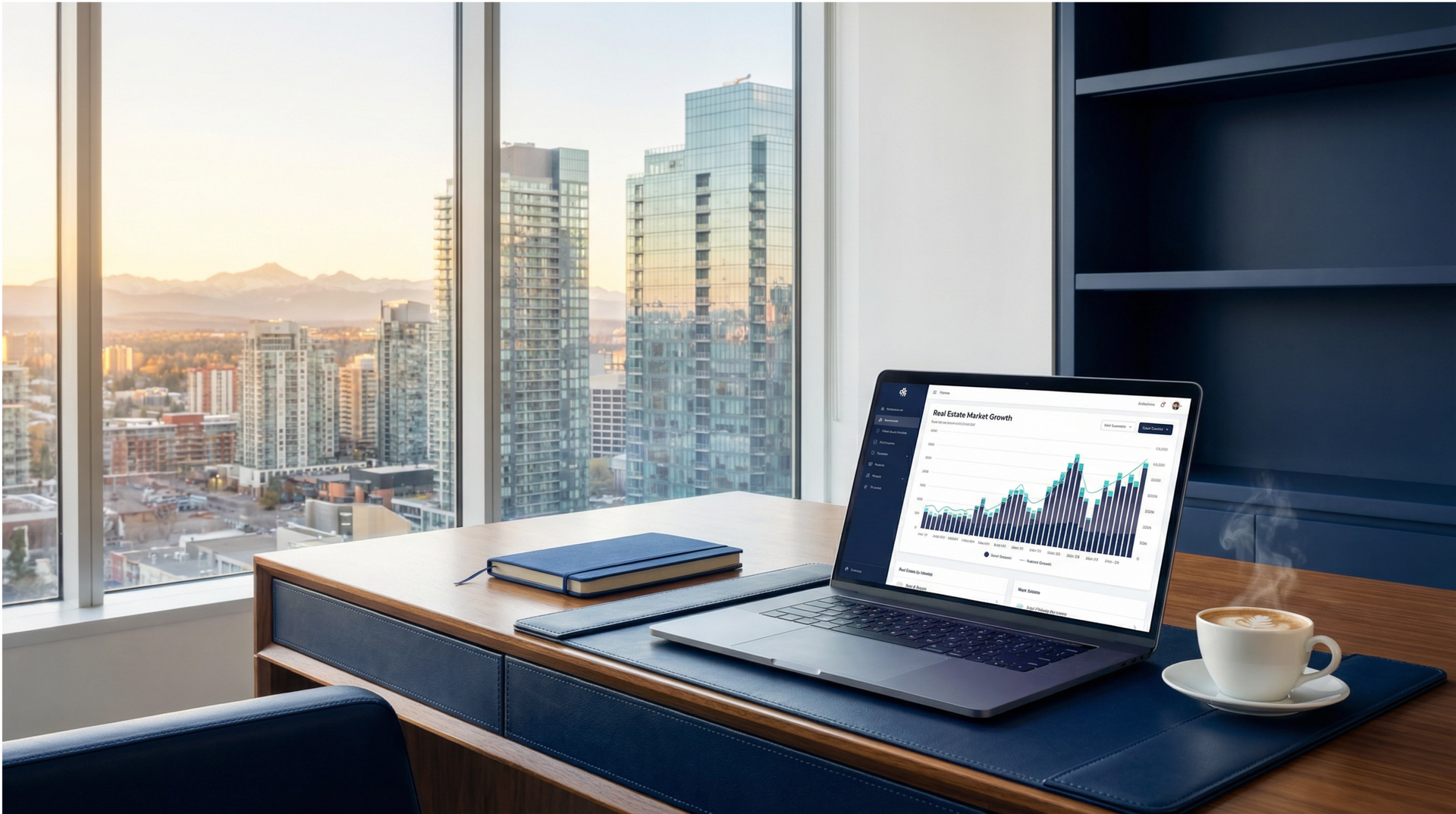 Laptop displaying graphs on a desk with a city view. Coffee and notebook are present.
