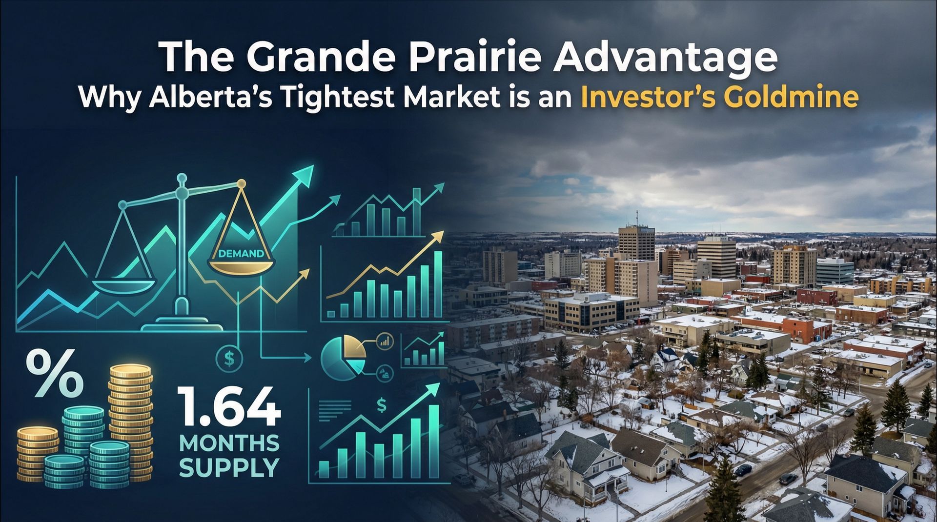 Grande Prairie Alberta downtown skyline with financial market data showing 1.64 months supply