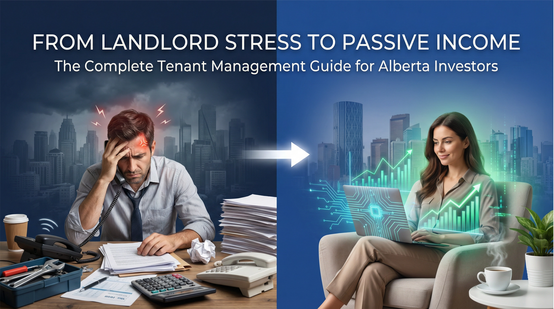 Man stressed, paper-filled desk transforms to woman relaxed with laptop, graphs. 