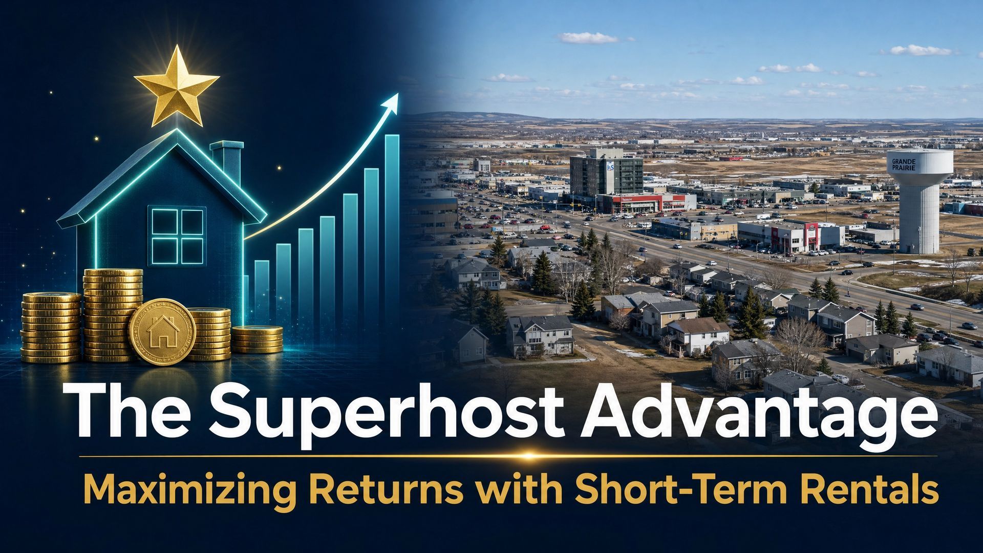 House and rising graph with gold coins over city skyline, titled “The Superhost Advantage” and subtitle on rentals