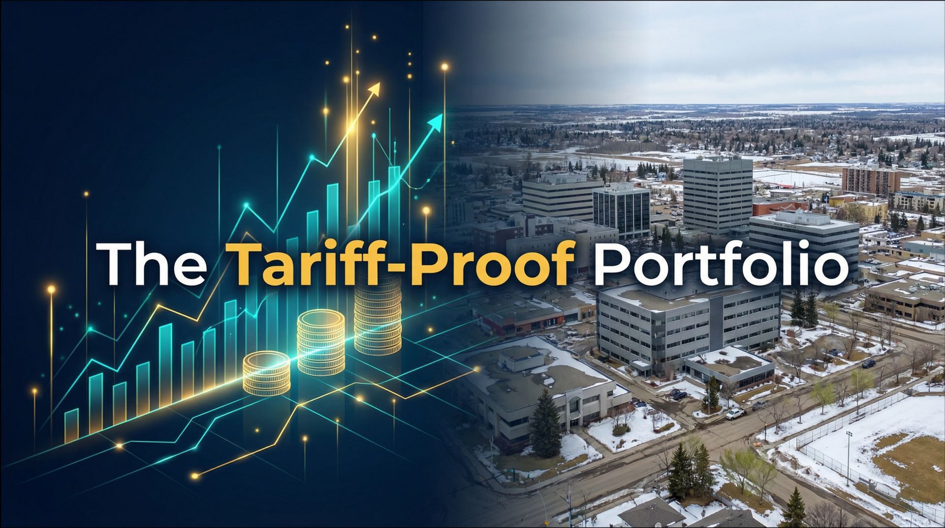 A split-screen image showing financial graphs on the left and a cityscape of Grande Prairie, Alberta
