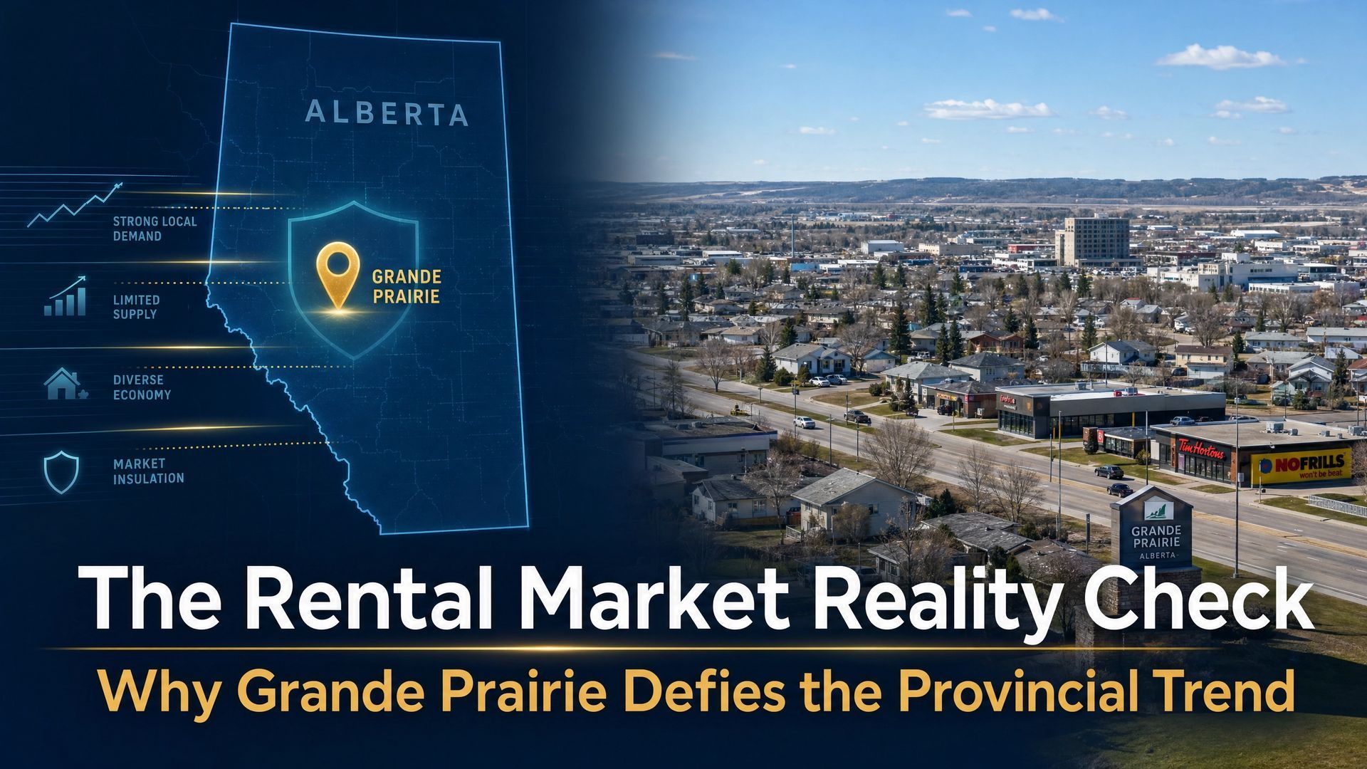 Map of Alberta beside a city skyline with text: “The Rental Market Reality Check” and “Why Grande Prairie Defies the Provincial Trend”