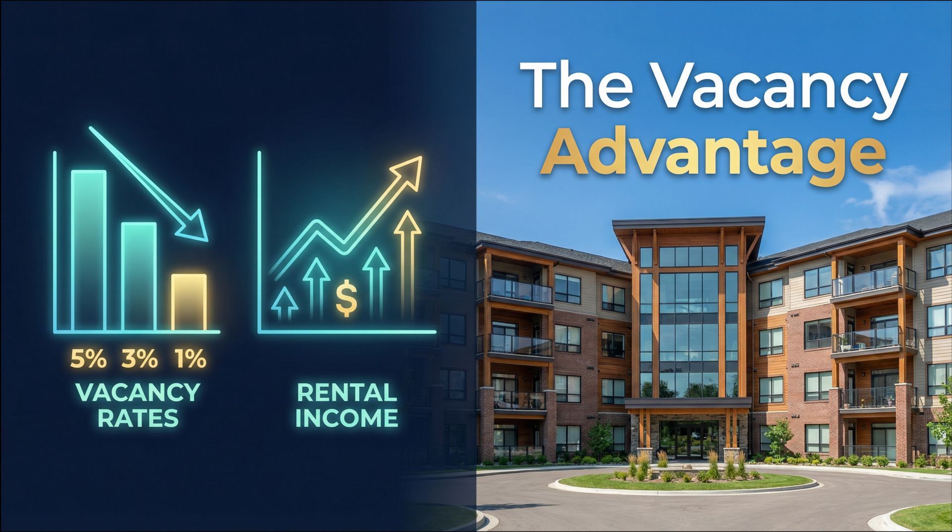 A split-screen image with a bar graph showing declining vacancy rates on the left and a modern apart