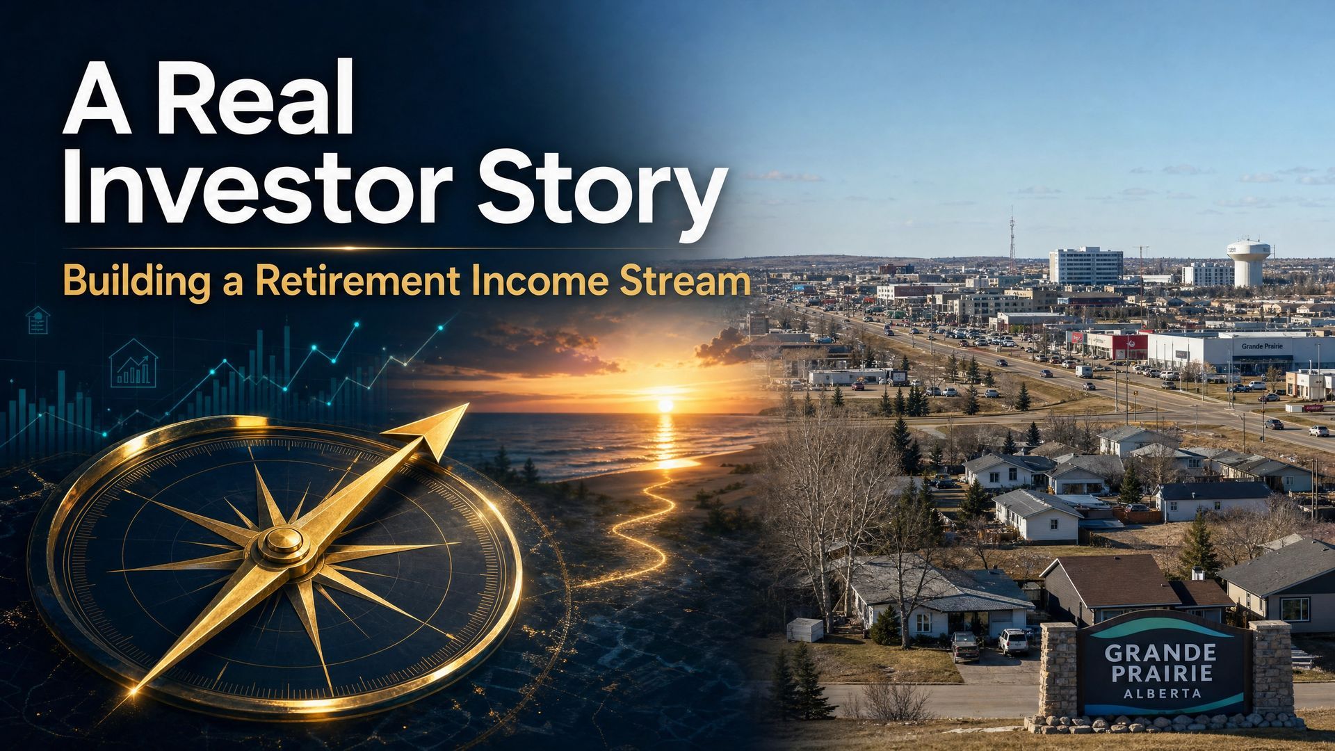 Investor story graphic with gold compass, coastal town at sunset, and text “Building a Retirement Income Stream”