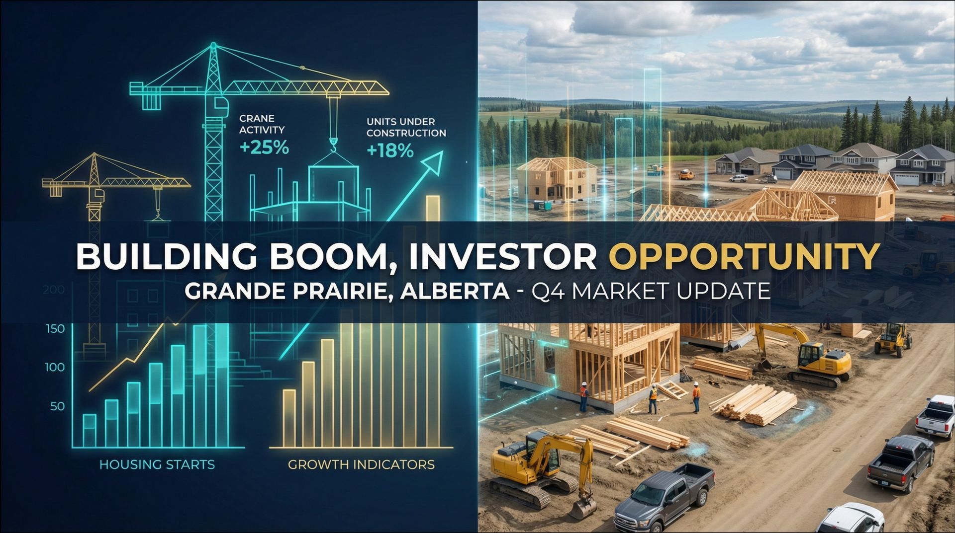 A split-screen image with construction-themed data visualizations on the left and a new housing cons