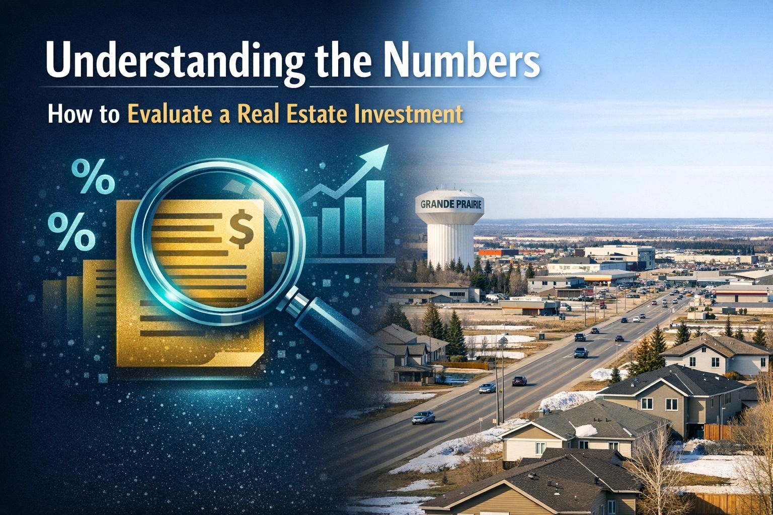 Real estate investment graphic with magnifying glass, dollar icon, and city view; text: “Understanding the Numbers”