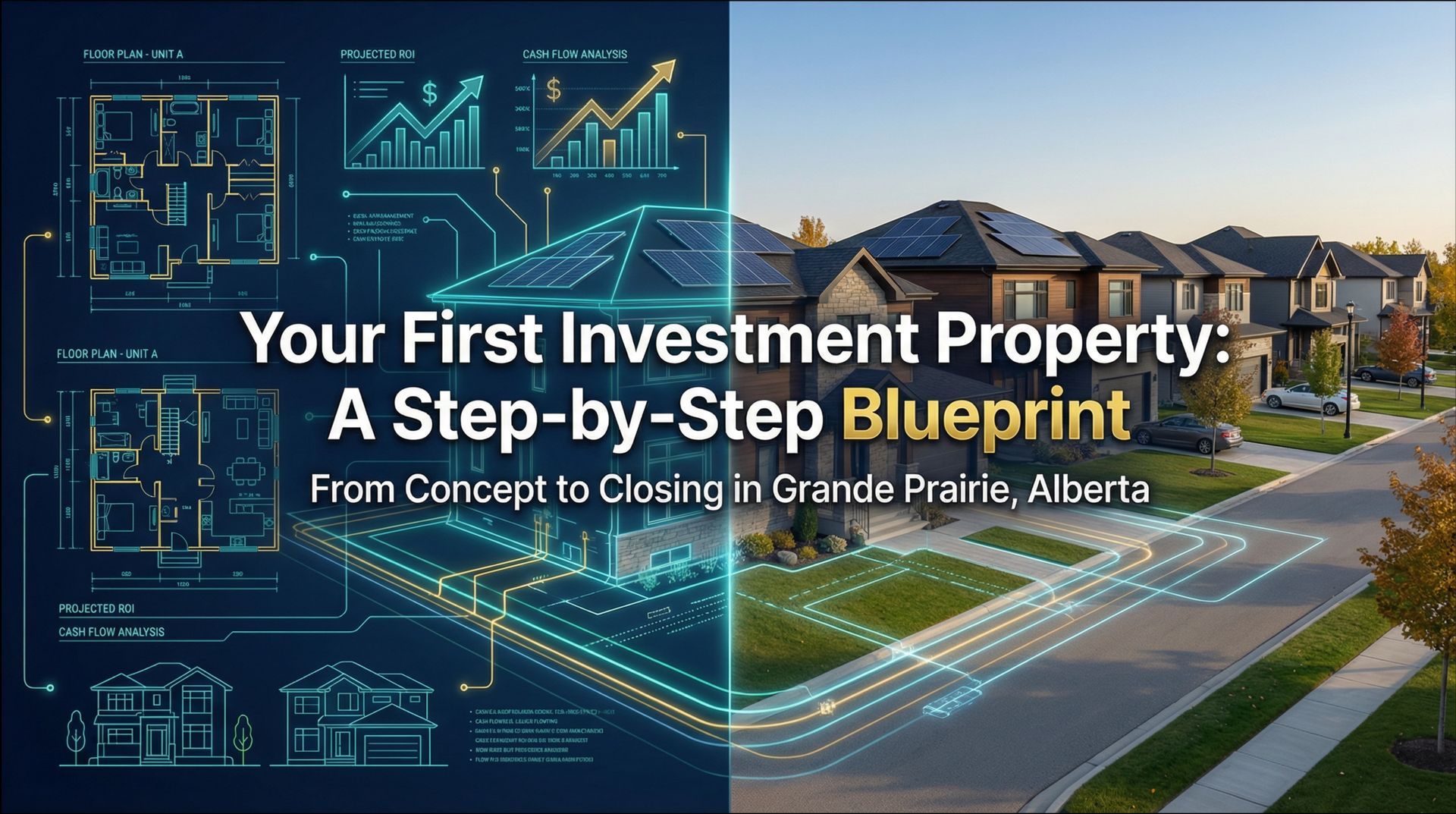 A split-screen image with architectural blueprints on the left and a residential street in Grande Pr