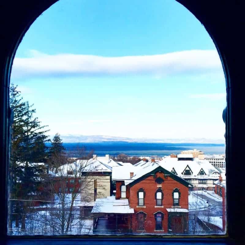 A view of a snowy city from a window