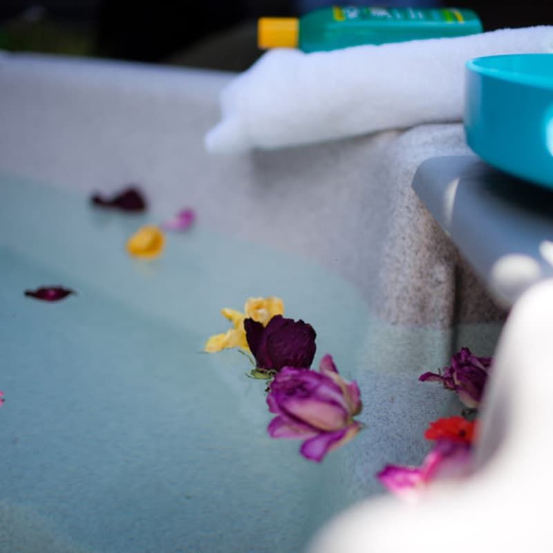 Flowers are floating in a bathtub with a bottle of shampoo in the background