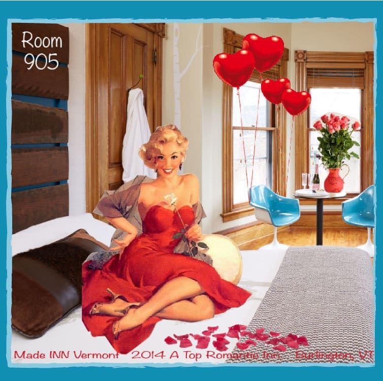 A woman in a red dress is sitting on a bed in room 905