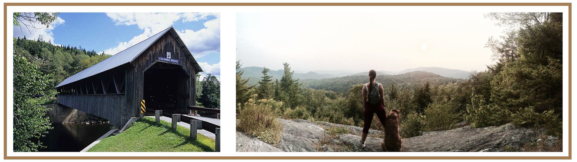 A picture of a covered bridge and a picture of a person walking on a path