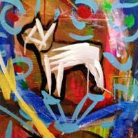 A close up of a painting of a dog on a colorful background.