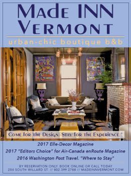 A poster for made inn vermont shows a living room with furniture and a fireplace.