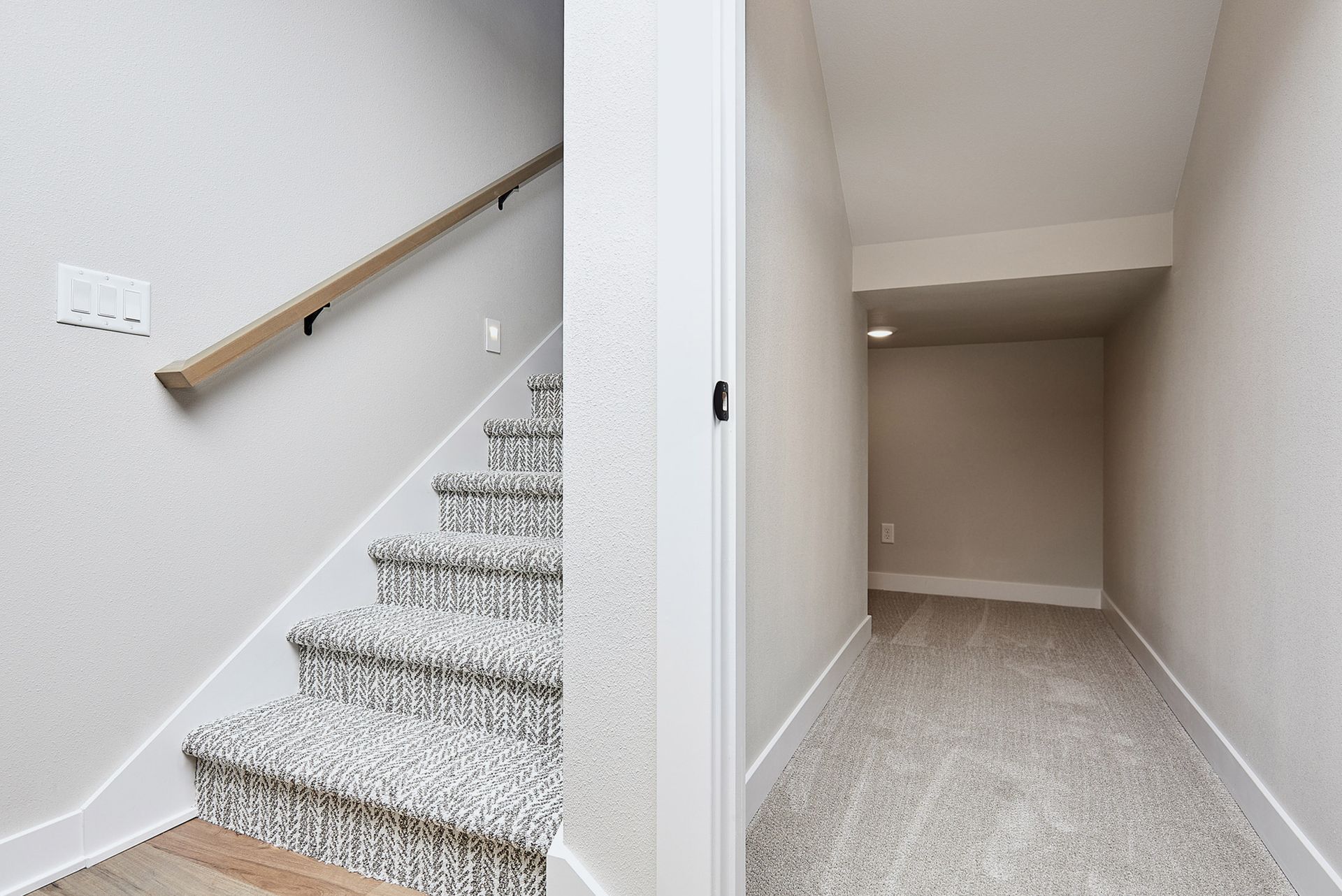 Staircase with carpet steps and a wooden handrail leads to a small, carpeted storage space.