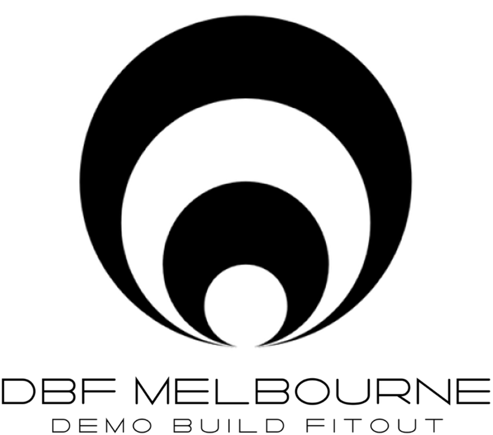 A black and white logo for a company called dfb melbourne demo build fitout.