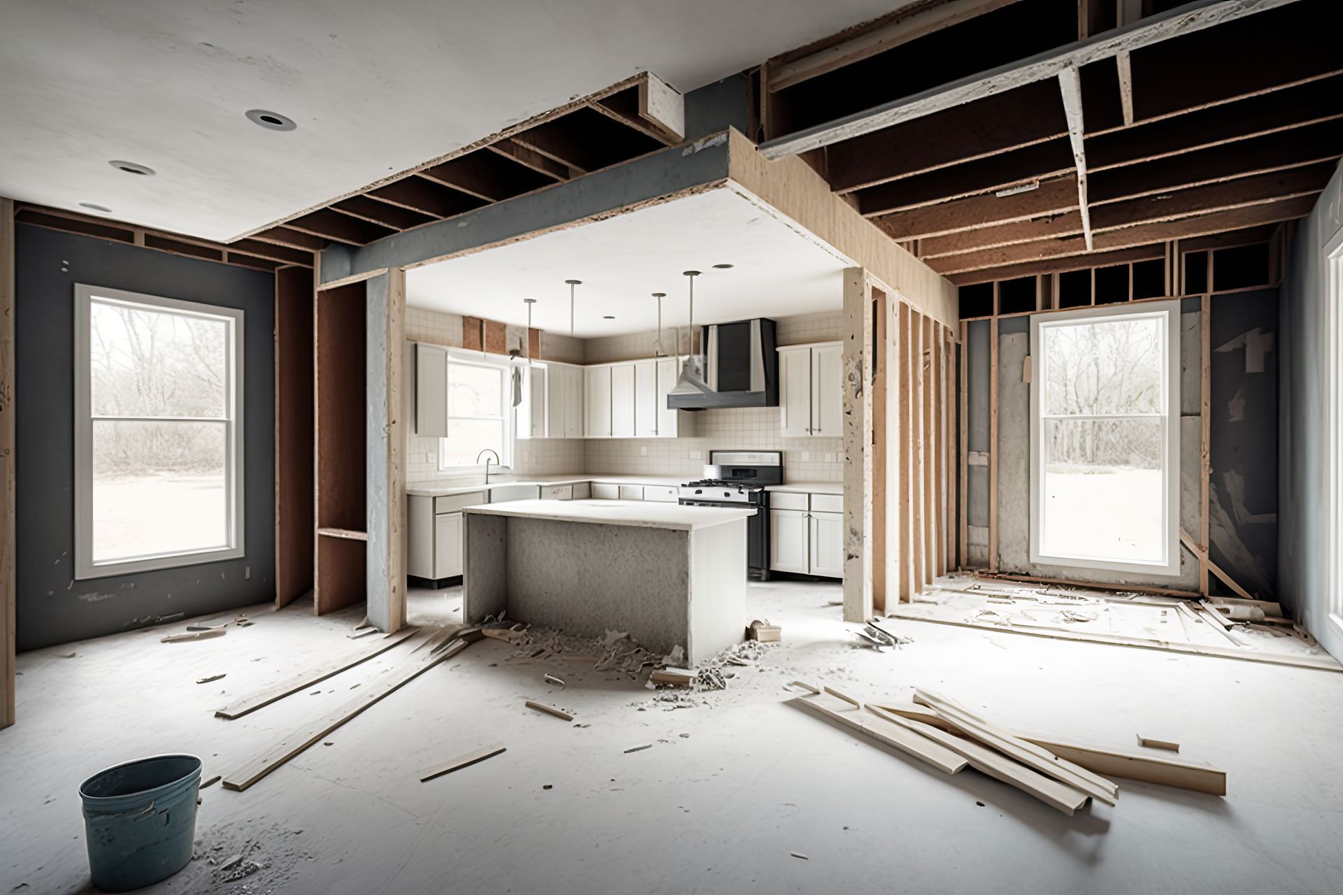 Kitchen under renovation; exposed beams and framing, unfinished walls.