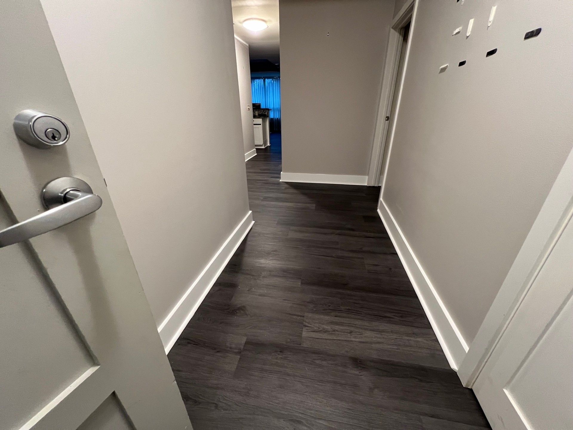Narrow hallway with dark wood-look floor, gray walls, white trim, and a partially open door on the left.