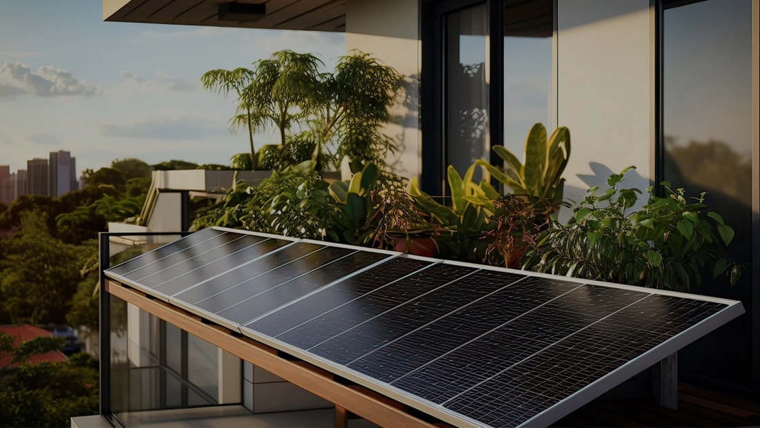 Solar panel on a balcony with greenery and city skyline in the background.