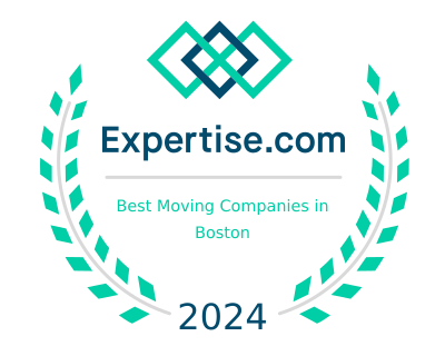 Expertise.com award for Best Moving Companies in Boston 2024, teal and dark blue logo on a wreath.