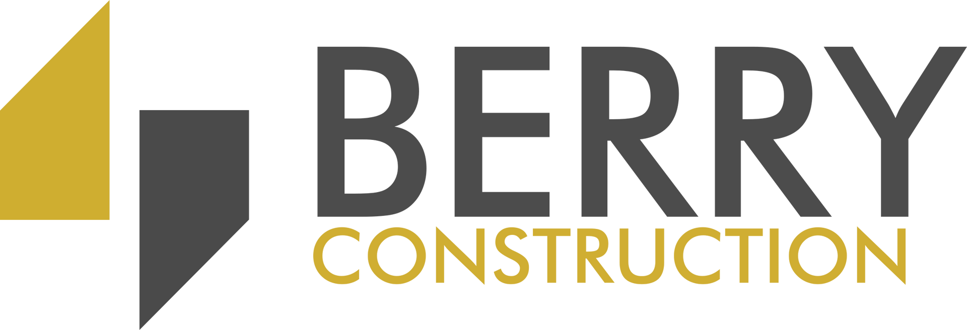 Logo: "Berry Construction". Gold and gray abstract shapes left of dark gray text. "Construction" is smaller.