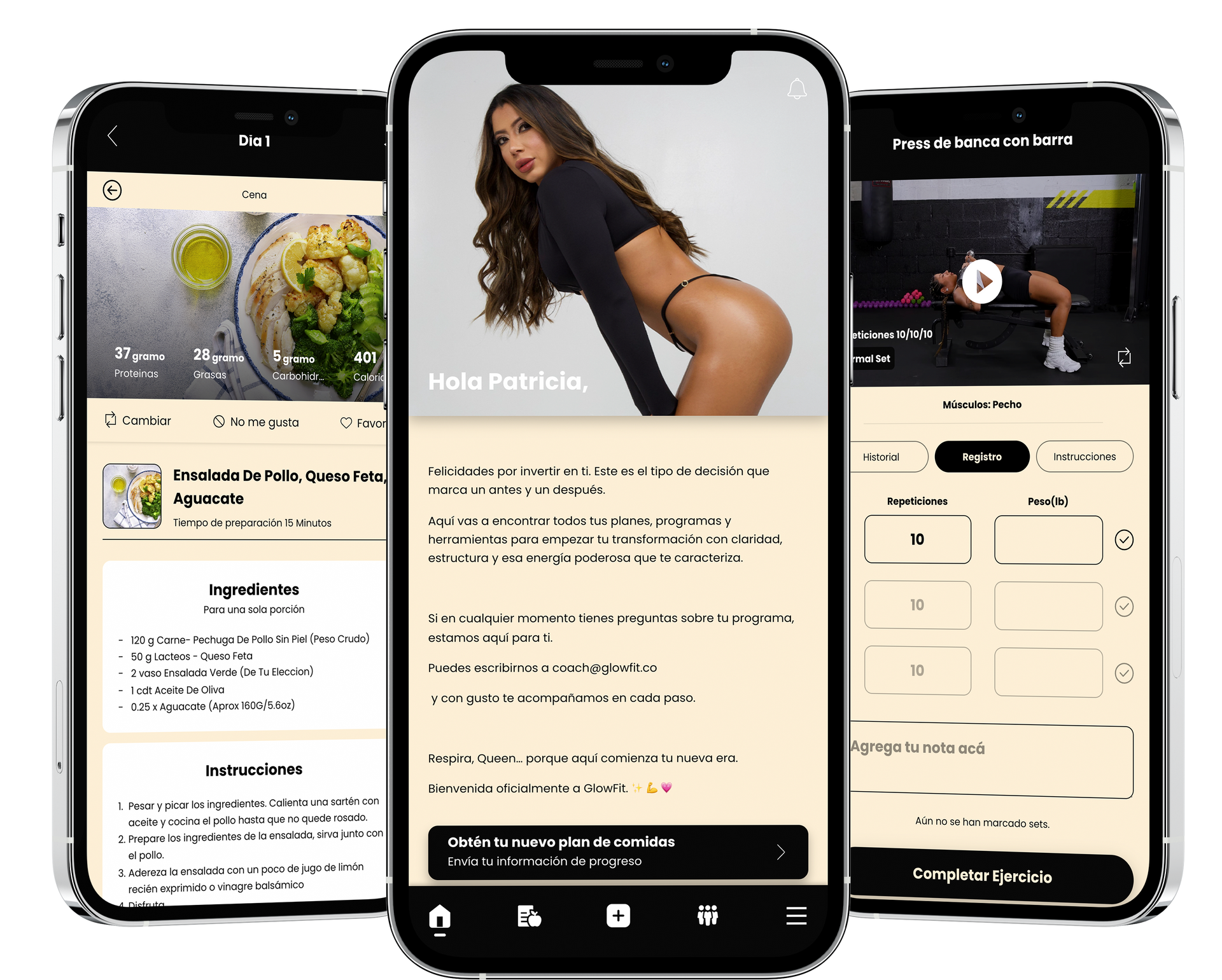 Three smartphones displaying an app interface. The app shows recipes, a woman's fitness guide, and workout routines.