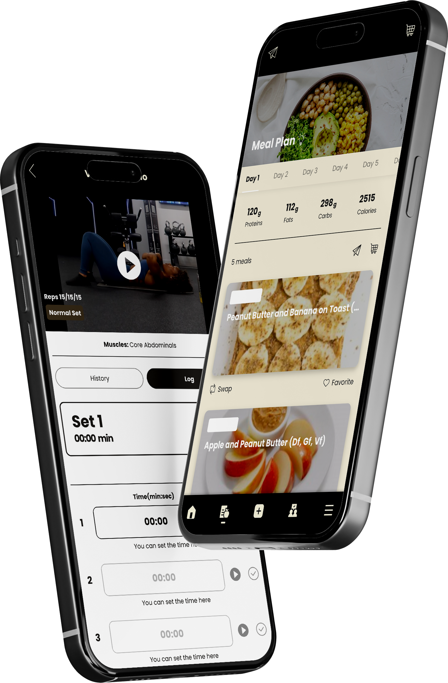 Two smartphones displaying fitness and food content, showcasing workouts and healthy recipes.