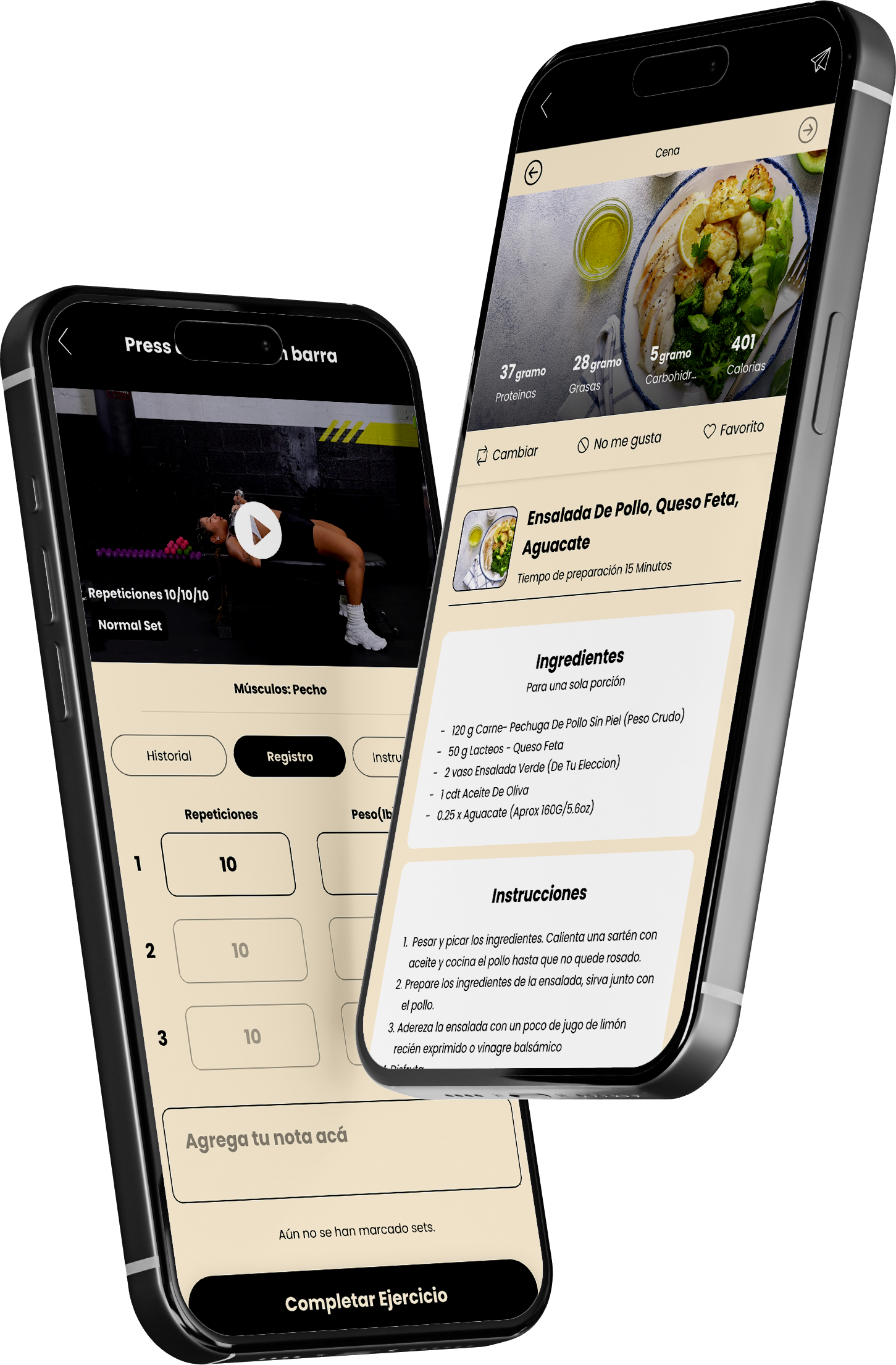 Two smartphones displaying fitness and food content, showcasing workouts and healthy recipes.