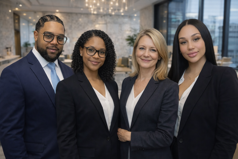 ons team in professionele zakelijke kleding  en glimlachen in een lichte, moderne kantoorruimte.