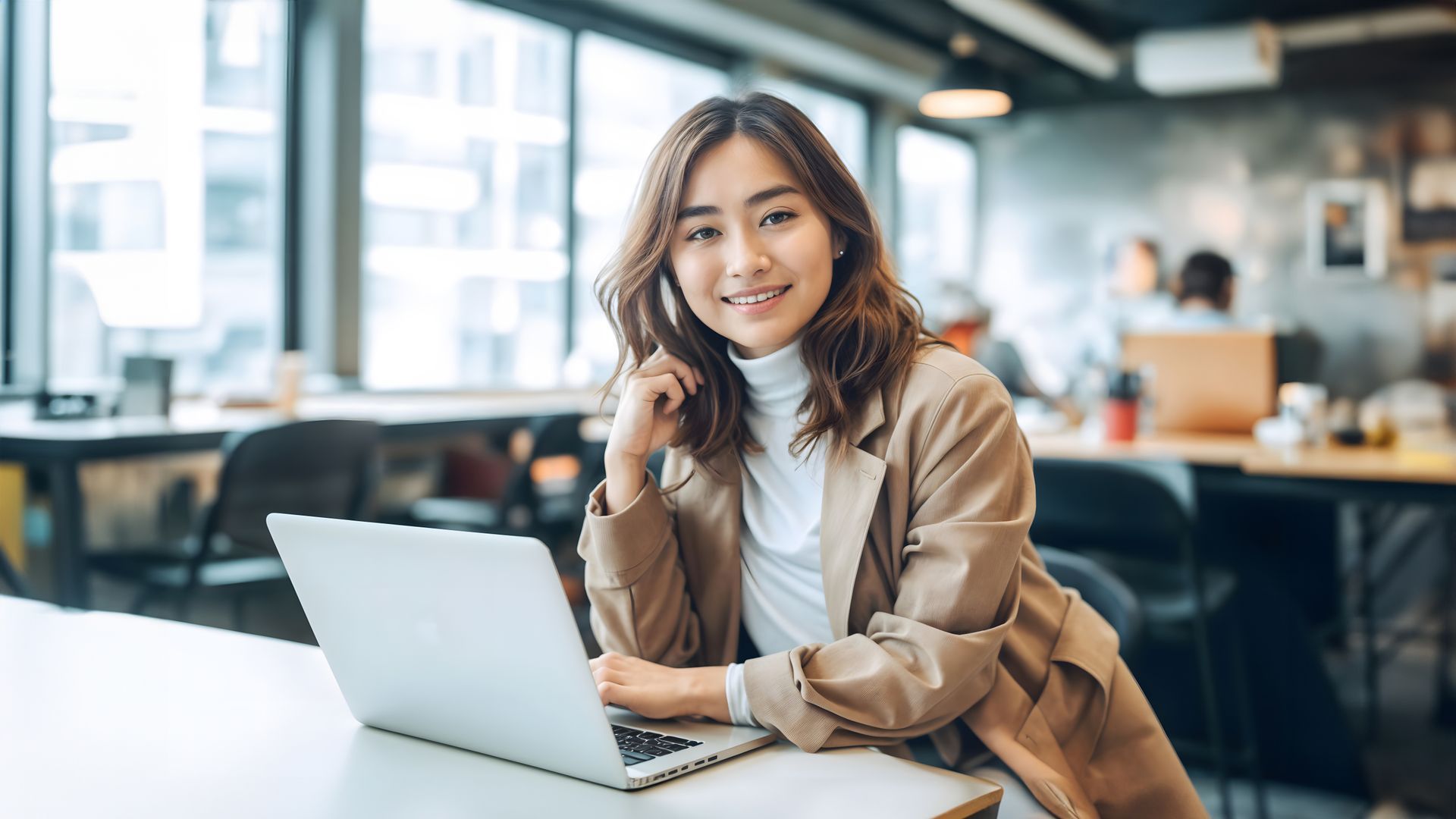Woman at a laptop smiling in a modern office, wearing a tan blazer and white turtleneck.