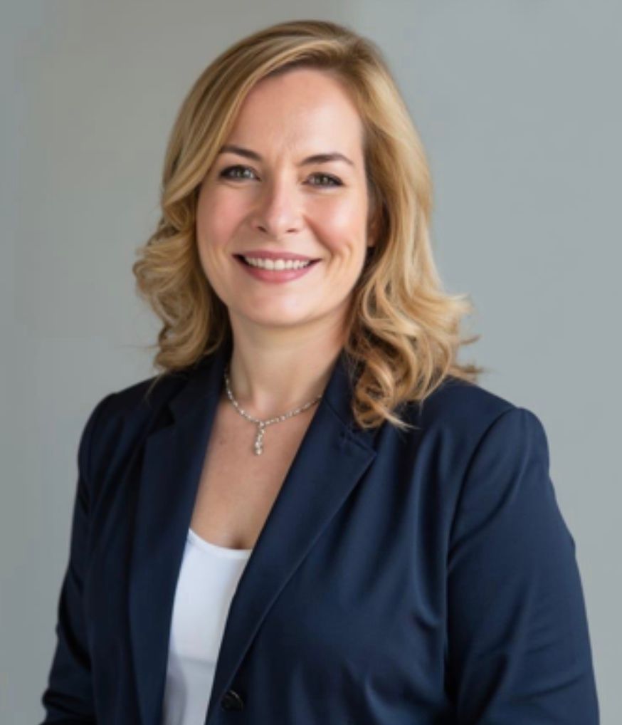 Woman with blonde hair wearing a navy blazer, smiling, against a gray background.