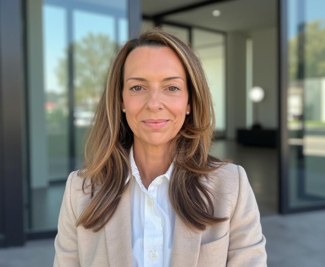 Woman in a beige blazer and white shirt, smiling, standing outside a modern building.