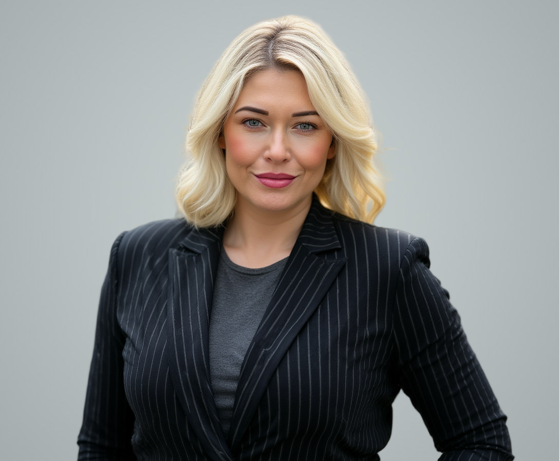 Blonde woman in pinstripe blazer, neutral background, smiling.