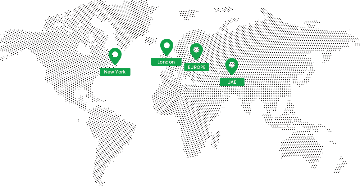 World map with green location markers over London, Berlin, Moscow, and Beijing.
