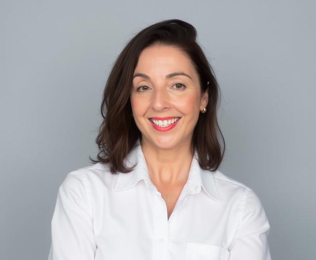 Woman in white shirt smiling at the camera, against a gray background.