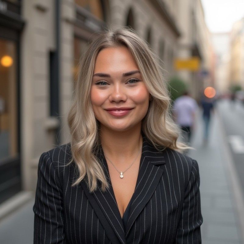 Woman with blonde hair wearing a pinstripe blazer smiles outside on a city street.