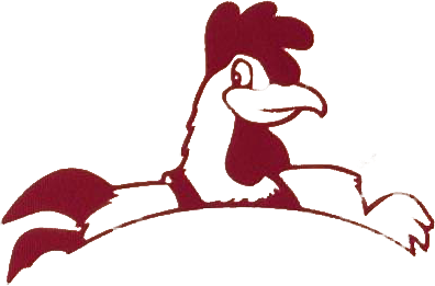 Una mascotte a forma di gallo bianco e marrone con un'espressione amichevole.