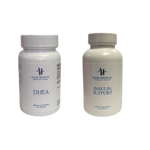 Two supplement bottles on white background, labeled DHEA and Insulin Support.