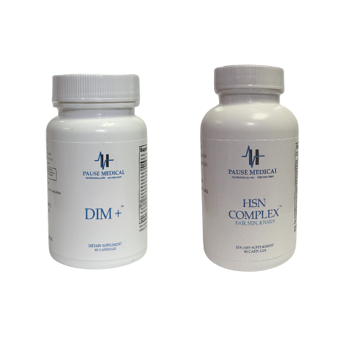 Two white supplement bottles with gray caps labeled DIM+ and HSN Complex on a white background