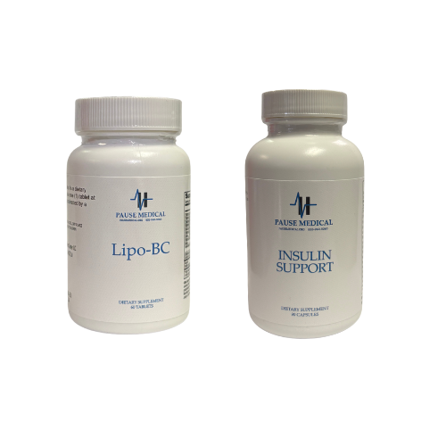 Two white supplement bottles labeled Lipo-BC and Insulin Support on a white background
