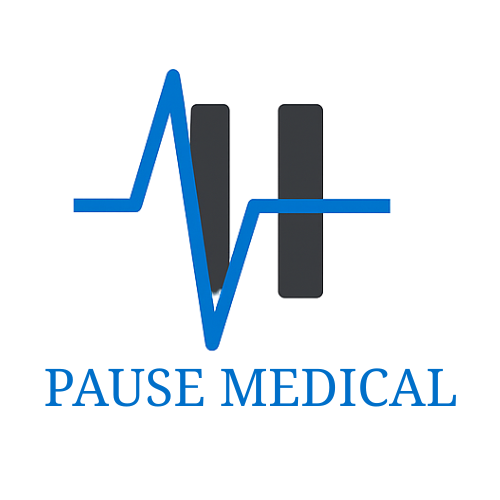 Pause Medical logo with blue heartbeat line and black bars on white background