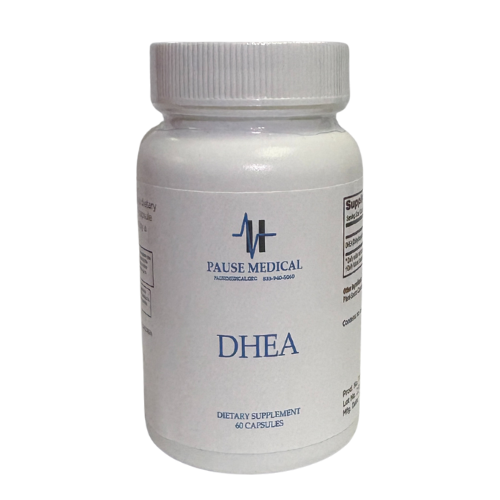 White supplement bottle labeled “DHEA” with a gray cap on a plain background