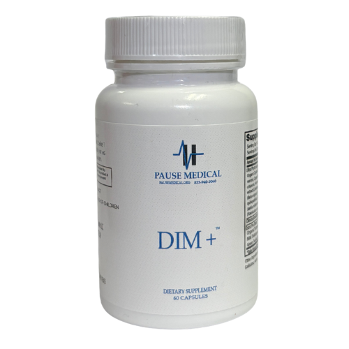 White supplement bottle labeled “DIM+” by Pulse Medical with a white cap