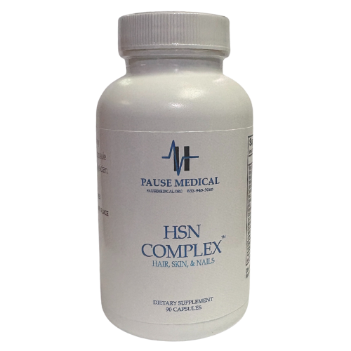 White supplement bottle labeled “HSN Complex” by Pause Medical with gray cap.