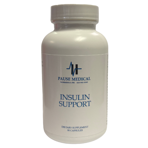 White bottle of Pausa Medical Insulin Support dietary supplement with gray cap